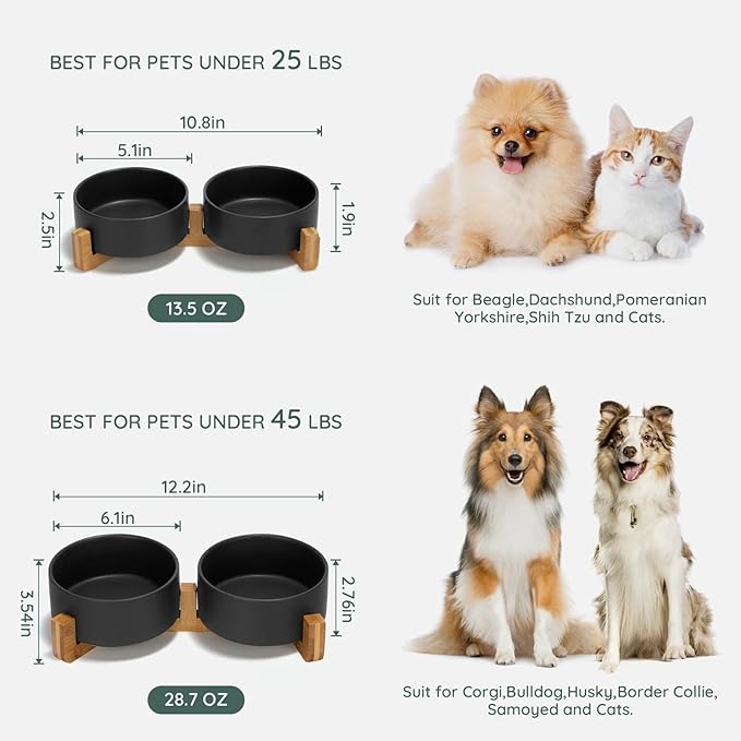 SPUNKYJUNKY Ceramic Dog and Cat Bowl Set with Wooden Stand (13.5OZ) & (28.7OZ) & (3.6 Cups, 2 ×