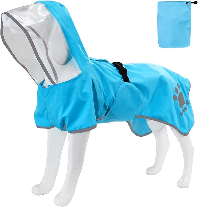 MAMORE Dog Raincoat Hooded Rain Jacket for Small Medium Large Dogs Slicker Poncho Bottom Waterproof Adjustable Reflective Breathable Leash Hole (Blue, XXX-Large)