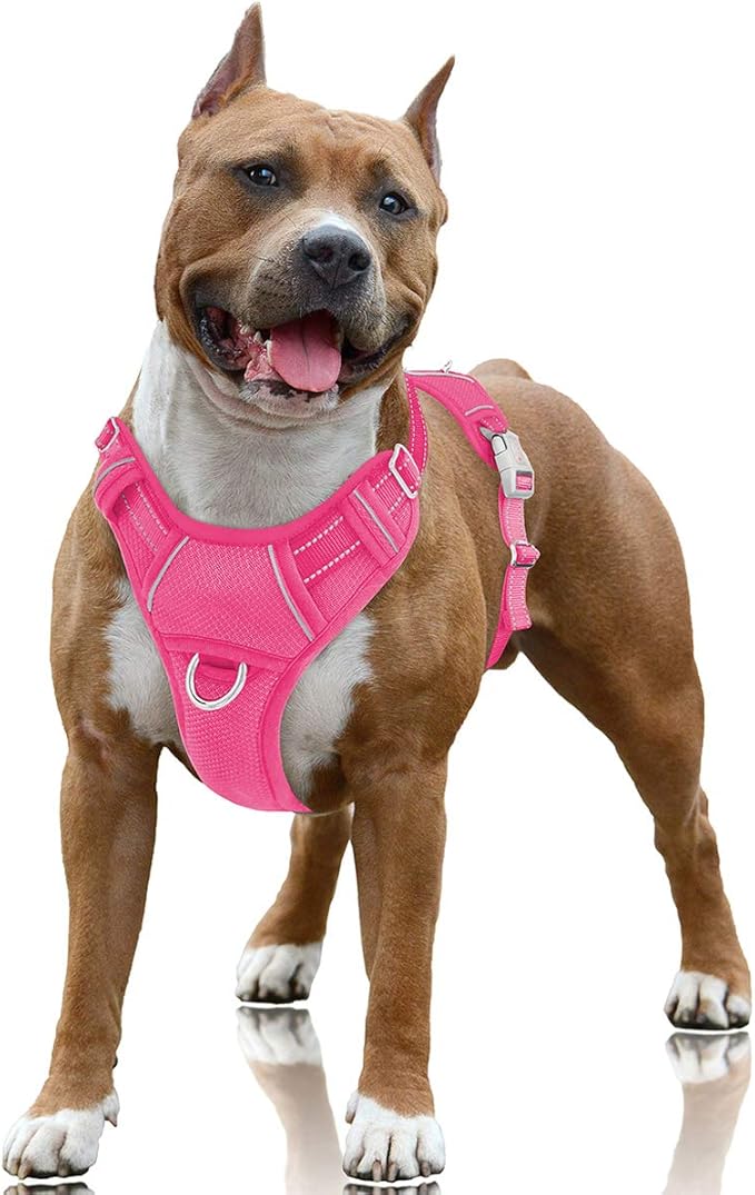BARKBAY No Pull Dog Harness Large Step in Reflective Dog Harness with Front Clip and Easy Control Handle for Walking Training Running with ID tag Pocket(Pink