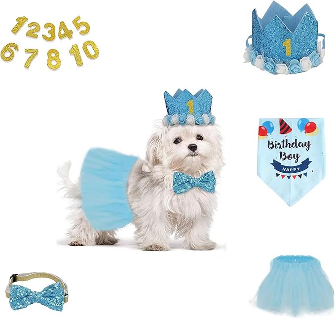 Dog Birthday Party Supplies Set,Boy Girls Dog Birthday Bandana,Cute Small dog Birthday Hat,Tutu,Dog Bow Tie Collar with 0-8 Numbers,Birthday Decorations for Cat,Dogs First Birthday(Blue-2,Small)