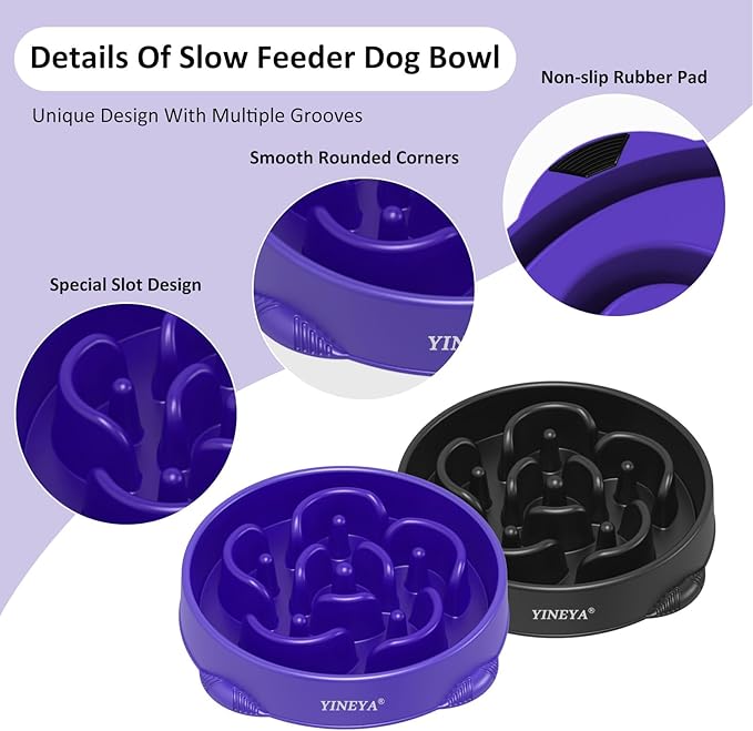 4 Cups Slow Feeder Dog Bowls Large Breed 2Pcs Black&Purple