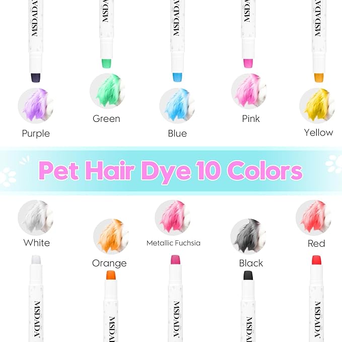 MSDADA 10 Color Washable Dog Hair Dye Paint Temporary Pet Fur Markers Safe Hair Color Crayons for Small to Large Boy & Girl Puppy Stuff Accessories