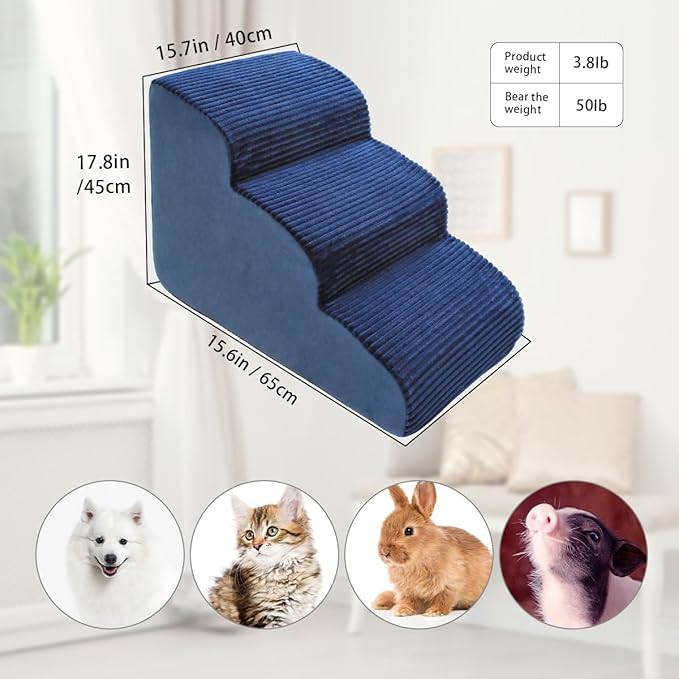 High Density Foam Dog Stairs Steps 17.8’’ Non-Slip 3-Tiers (Navy
