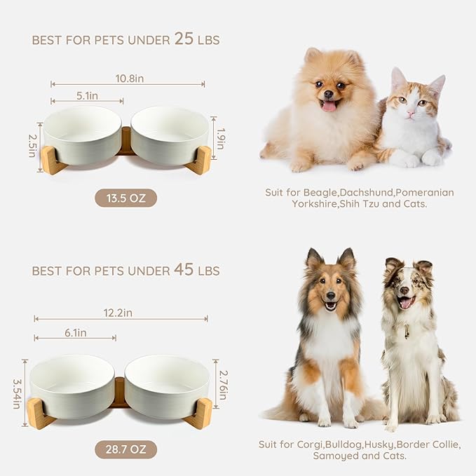 SPUNKYJUNKY Ceramic Dog and Cat Bowl Set with Wooden Stand (3.6 Cups, 2 ×