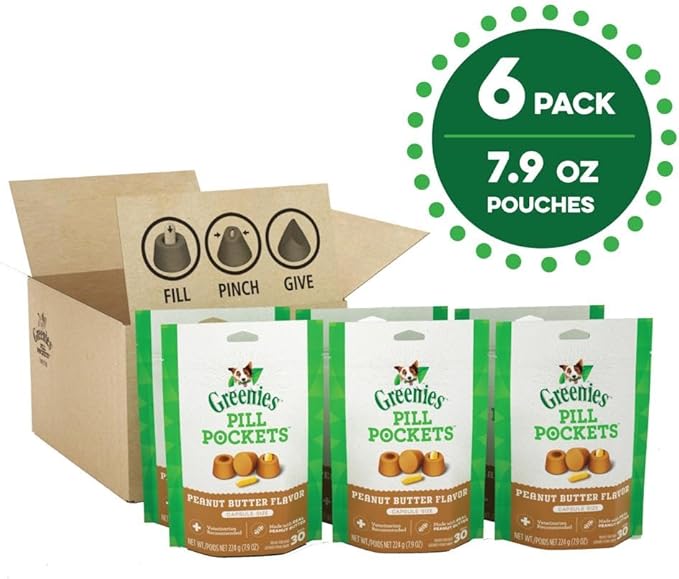 Greenies Pill Pockets for Dogs Capsule Size Natural Soft Dog Treats with Real Peanut Butter (6) 7.9 (180 Treats)