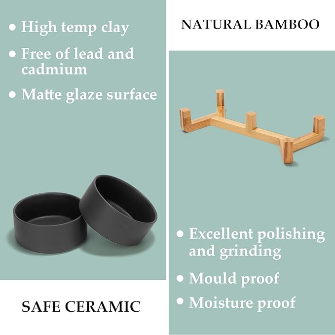SPUNKYJUNKY Ceramic Dog and Cat Bowl Set with Wooden Stand (7.6 Cups, 2 ×