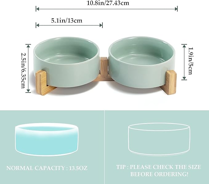 SPUNKYJUNKY Ceramic Dog and Cat Bowl Set with Wooden Stand (13.5OZ) & (28.7OZ) & (1.7 Cups, 2 ×