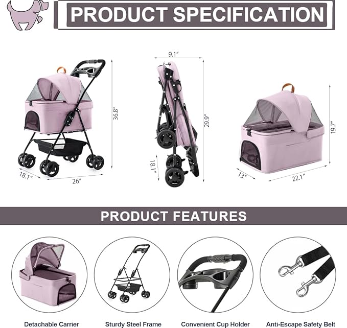 3 in 1 Pet Stroller for Small Dogs and Cats 4 Wheels