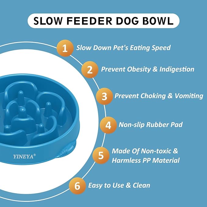 4 Cups Slow Feeder Dog Bowls Large Breed 1Pcs (Blue)
