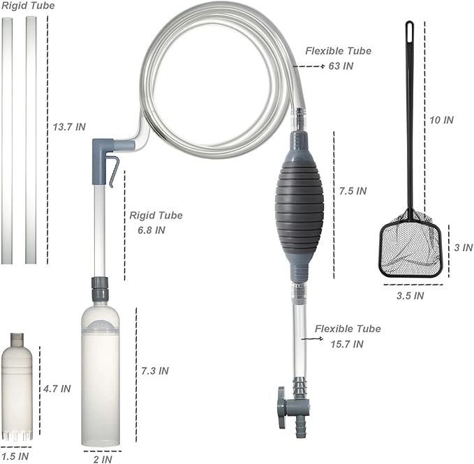 Aquarium Siphon Vacuum Cleaner Kit with Dual Vacuum Tubes for Various Tank Sizes and One Fish Net