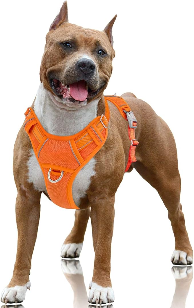BARKBAY No Pull Dog Harness Large Step in Reflective Dog Harness with Front Clip and Easy Control Handle for Walking Training Running with ID tag Pocket(Orange