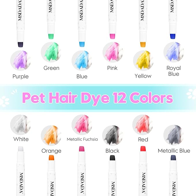 MSDADA 12 Color Washable Dog Hair Dye Paint Temporary Pet Fur Markers Safe Hair Color Crayons for Small to Large Boy & Girl Puppy Stuff Accessories
