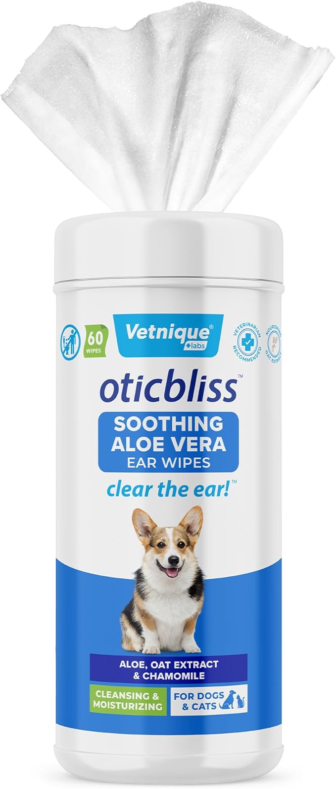 Vetnique Labs Oticbliss Ear Cleaner Wipes/Flushes for Dogs & Cats with Odor Control and Itch Relief Reduces Head Shaking