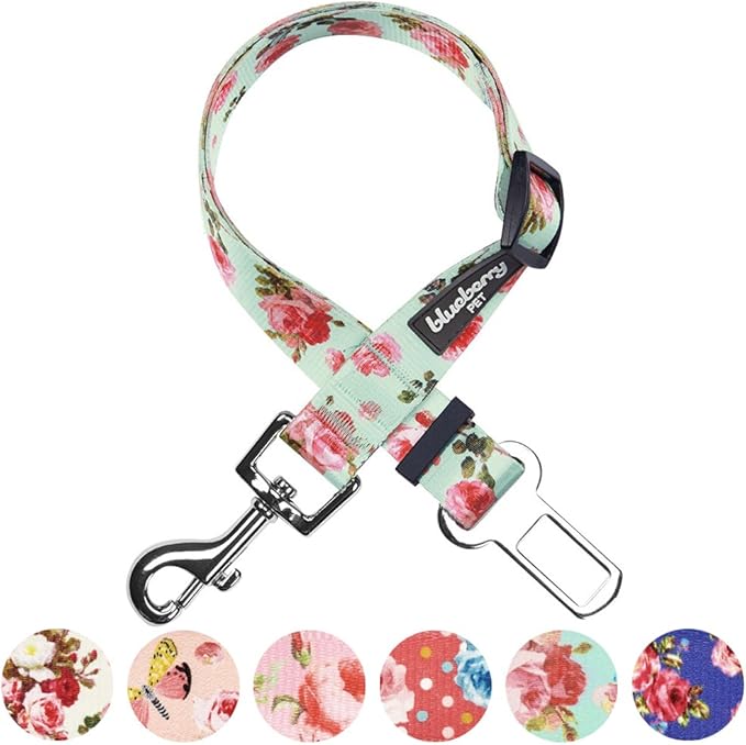 Blueberry Pet 8 Patterns Spring Scent Inspired Floral Rose Print Turquoise Adjustable Dog Seat Belt Tether for Dogs Cats