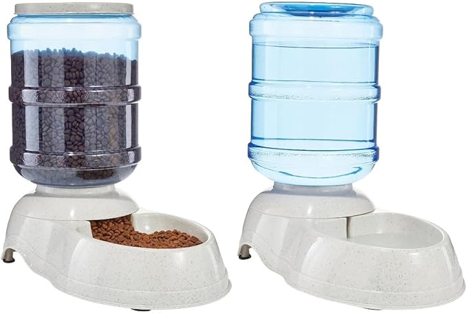 Amazon Basics Automatic Dog Cat Water Dispenser Gravity Feeder and Waterer Set 12-Pound Food 2.5-Gallon, Gray