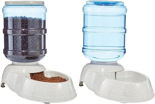 Amazon Basics Automatic Dog Cat Water Dispenser Gravity Feeder and Waterer Set 12-Pound Food 2.5-Gallon, Gray