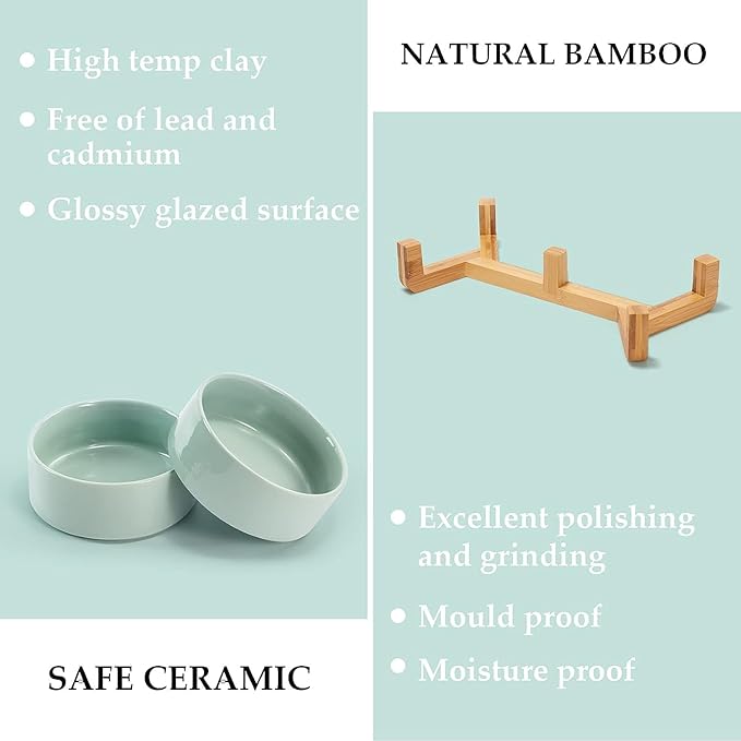 SPUNKYJUNKY Ceramic Dog and Cat Bowl Set with Wooden Stand (13.5OZ) & (28.7OZ) & (1.7 Cups, 2 ×