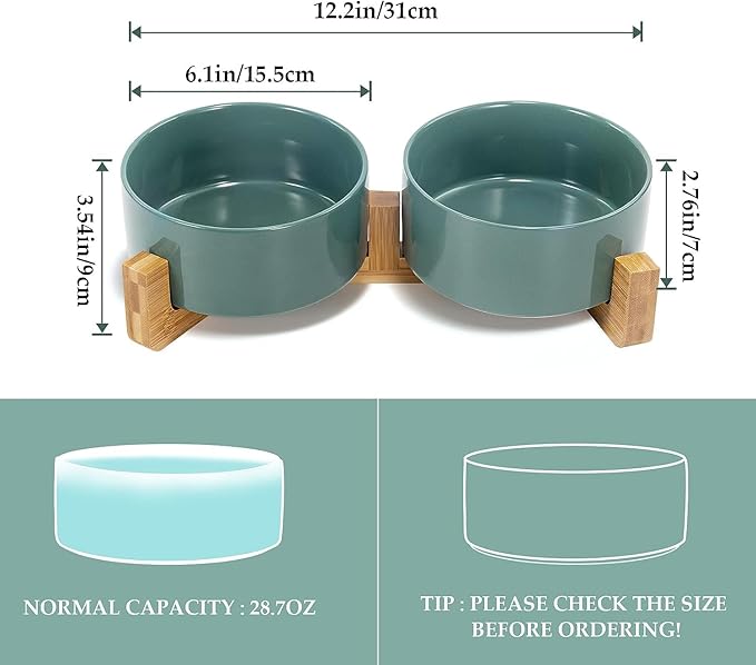 SPUNKYJUNKY Ceramic Dog and Cat Bowl Set with Wooden Stand (13.5OZ) & (28.7OZ) & (3.6 Cups, 2 ×