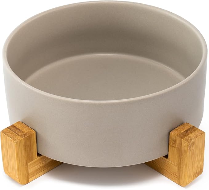 SPUNKYJUNKY Ceramic Dog and Cat Bowl Set with Wooden Stand (13.5OZ) & (28.7OZ) & (7.6 Cups, Grey×1)