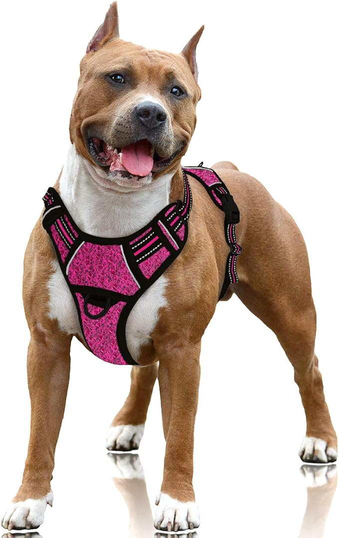 BARKBAY No Pull Dog Harness Large Step in Reflective Dog Harness with Front Clip and Easy Control Handle for Walking Training Running with ID tag Pocket(Pink/Black