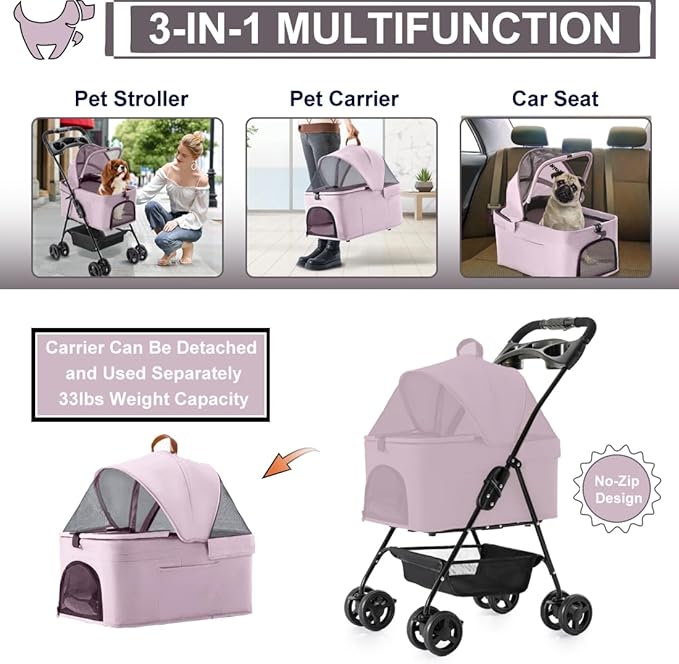 3 in 1 Pet Stroller for Small Dogs and Cats 4 Wheels