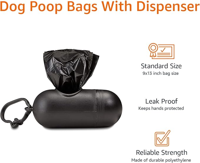 Amazon Basics Dog Poop Leak Proof Bags with Dispenser and Leash Clip 900 Count, 60 Pack 15, Black, 13 x 9 Inch
