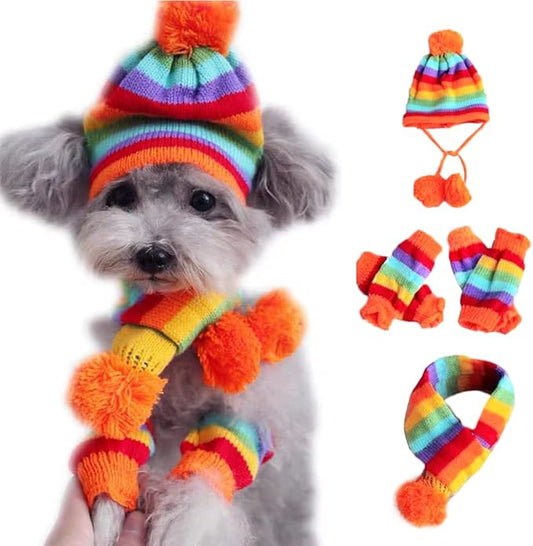 ANIAC 6 PCS Winter Knitted Dog Hat Scarf and Leg Warmer Set Puppy Warm knitting Hat with Ear Holes Pet Pompom Cap & Collar Christmas Costume Suit for Cats Small Dogs (Large