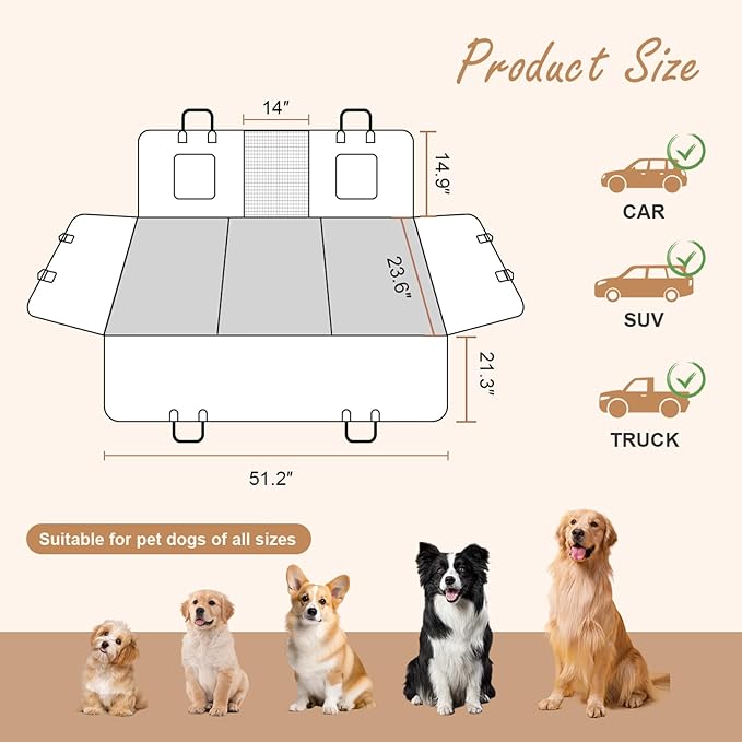 Prodigen Dog Car Seat Cover for Back Seat with Detachable Hard Bottom (51" x 24")