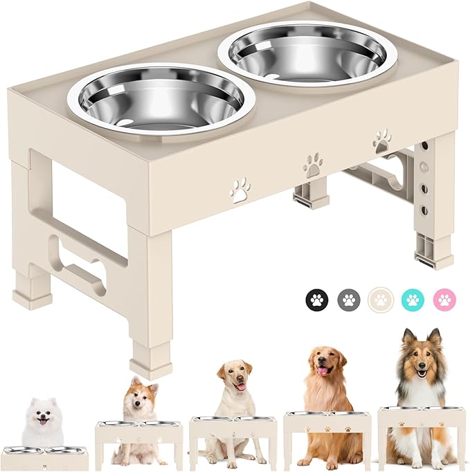 Elevated Dog Bowls 5 Height Adjustable Non-Slip Stand Adjusts to 3.1" 9", 10", 11", & 12" with 2 Stainless