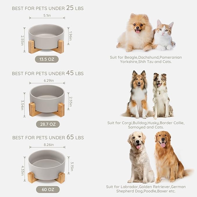 SPUNKYJUNKY Ceramic Dog and Cat Bowl Set with Wooden Stand (13.5OZ) & (28.7OZ) & (7.6 Cups, Grey×1)