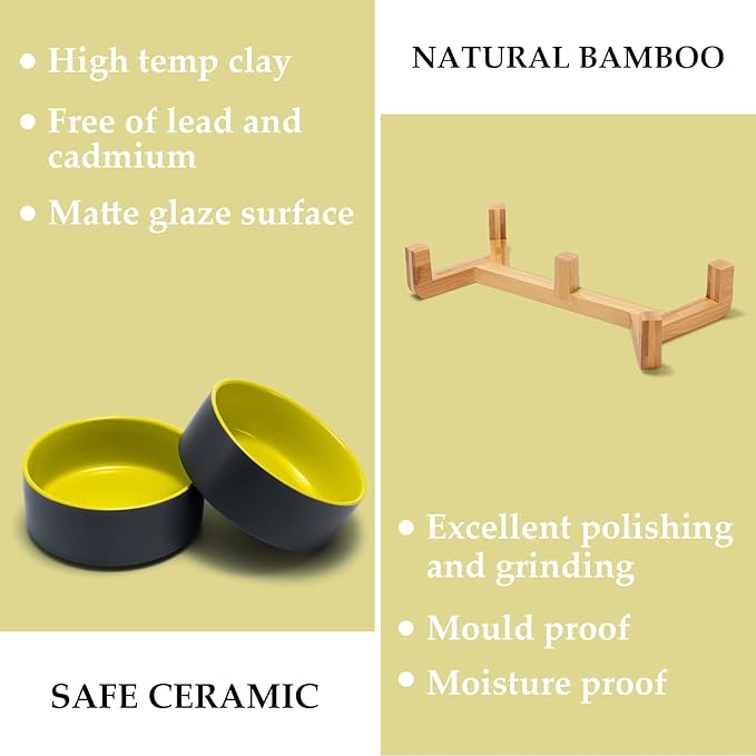 SPUNKYJUNKY Ceramic Dog and Cat Bowl Set with Wooden Stand (13.5OZ) & (28.7OZ) & (1.7 Cups, 2 ×