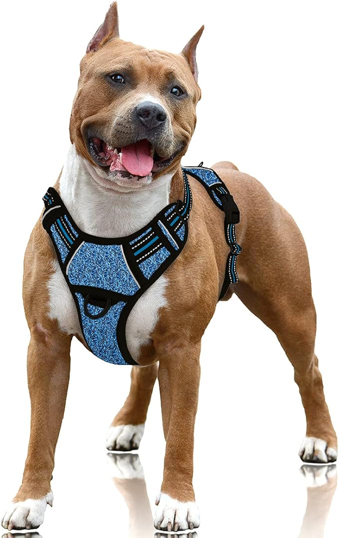 BARKBAY No Pull Dog Harness Large Step in Reflective Dog Harness with Front Clip and Easy Control Handle for Walking Training Running with ID tag Pocket(Blue/Black