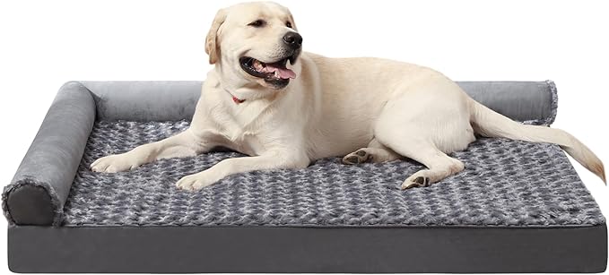 MIHIKK Orthopedic Pet Bed Deluxe Plush L-Shaped Couch with Waterproof Lining Bolster Sleeping Sofa with Removable Washable Cover & Nonskid Bottom for Extra Large Dogs