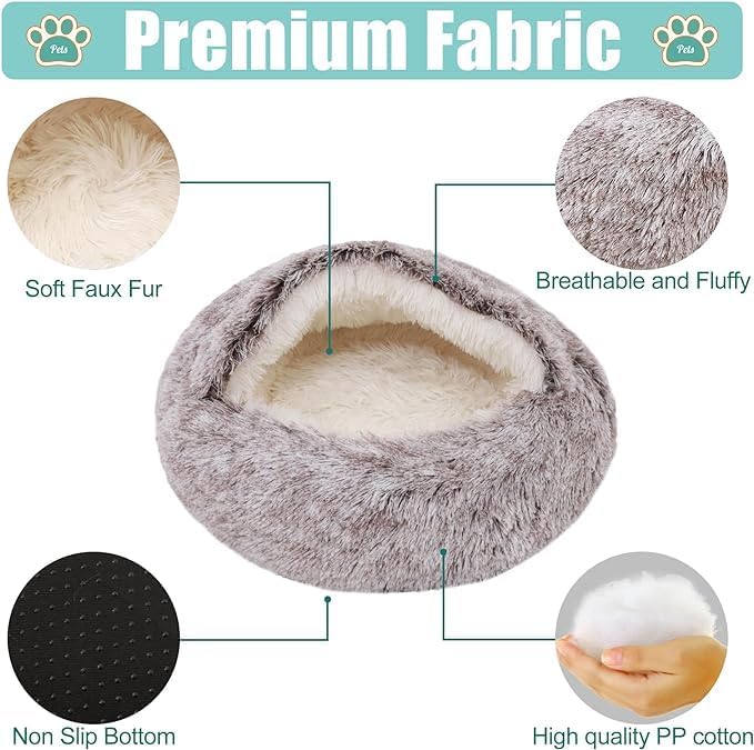 Calming Pet Bed for Small Dog Cat with Hooded Cover Round Beds for Small Medium Pets Anti-Slip Faux Fluff Coved Bed for Improved Sleep (grey 19.6 * 19.6 in)