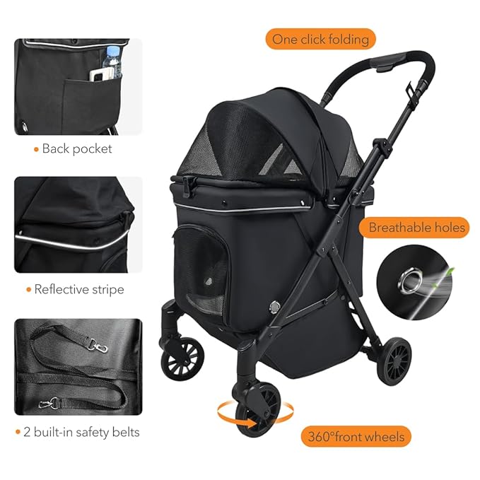 Pet Stroller for Small Dogs – No-Zip Deep Seat