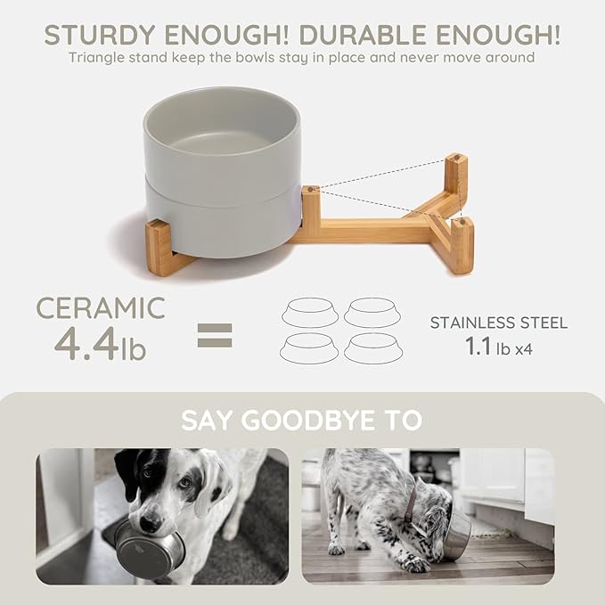 SPUNKYJUNKY Ceramic Dog and Cat Bowl with Wood 28.7 OZ