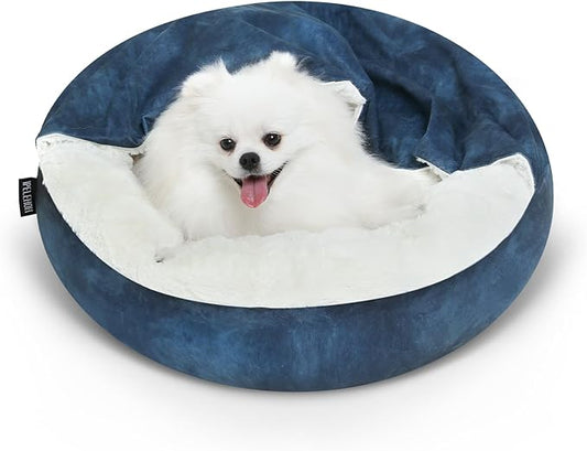 Cozy Soft Dog Bed with Hooded Blanket Warm Calming Cat Cave for Small Medium Dogs and Cats 26x26x7″