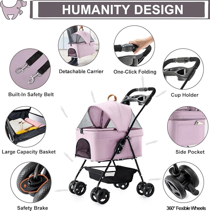 3 in 1 Pet Stroller for Small Dogs and Cats 4 Wheels
