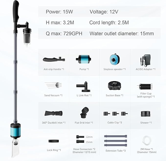 Electric Aquarium Vacuum Gravel Cleaner 729GPH /15W 6 in 1 Upgraded