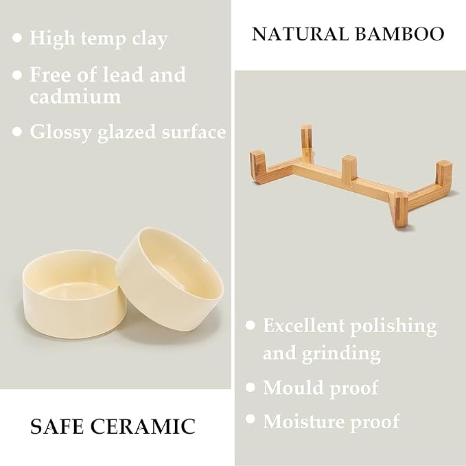 SPUNKYJUNKY Ceramic Dog and Cat Bowl Set with Wooden Stand (13.5OZ) & (28.7OZ) & (3.6 Cups, 2 ×