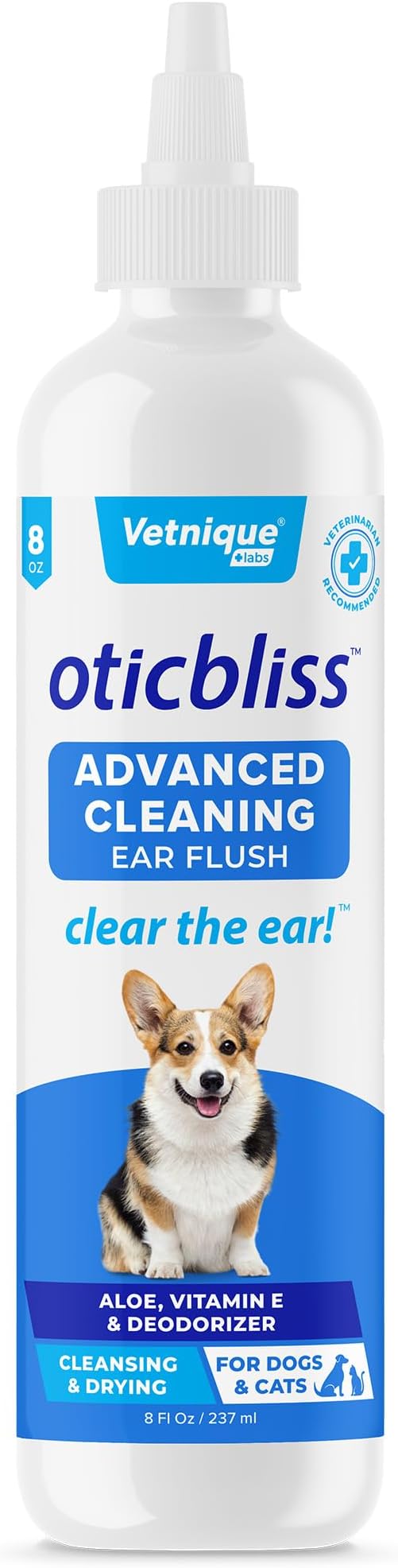 Vetnique Labs Oticbliss Ear Cleaner Wipes/Flushes for Dogs & Cats with Odor Control and Itch Relief Reduces Head Shaking