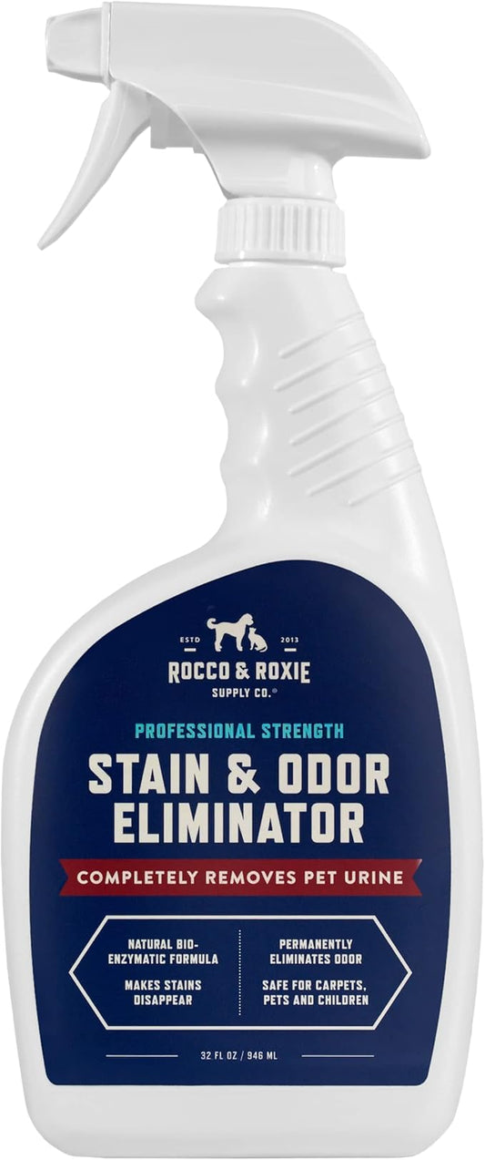 Rocco & Roxie Supply Co. Stain & Odor Eliminator for Strong Odor, 32oz Enzyme Pet Odor Eliminator for Home, Carpet Stain Remover for Cats & Dog Pee, Enzymatic Cat Urine Destroyer, Carpet Cleaner Spray