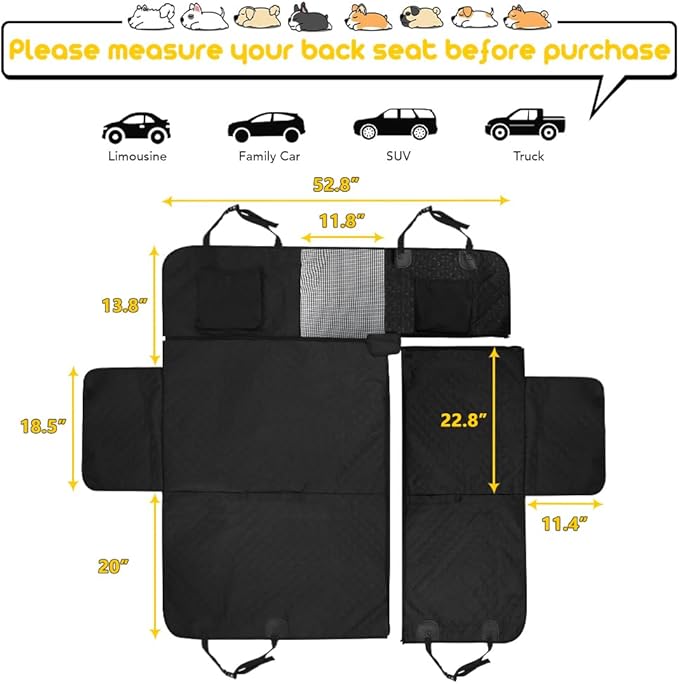 Vailge 6 in 1 Dog Car Seat Cover for Back Seat 60/40 Split 100% Waterproof
