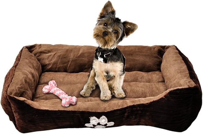 HCT-REC008 Rectangle Pet Bed with Dog Paw Printing Toys 25" x 21", Brown/Coffee