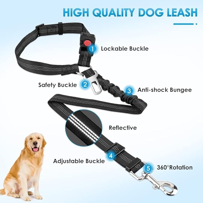Retractable Adjustable 3-in-1 Pets Car Seat Belt with Elastic Bungee Buffer