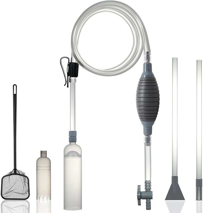 Aquarium Siphon Vacuum Cleaner Kit with Dual Vacuum Tubes for Various Tank Sizes and One Fish Net