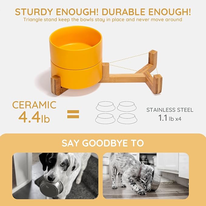 SPUNKYJUNKY Ceramic Dog and Cat Bowl with Wood 28.7 OZ