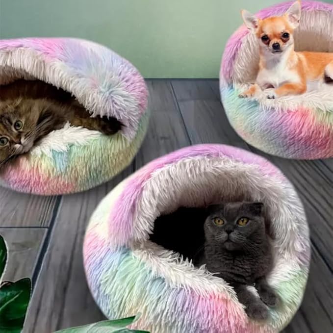 Cat Bed Round Fluffy Hooded Cat Bed Cave
