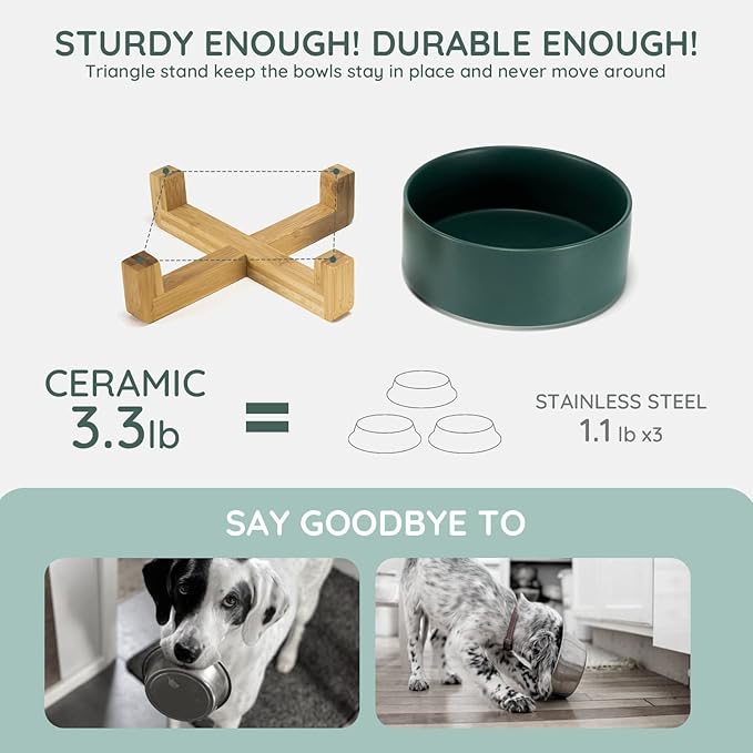 SPUNKYJUNKY Ceramic Dog and Cat Bowl Set with Wooden Stand (13.5OZ) & (28.7OZ) & (7.6 Cups, Green×1)