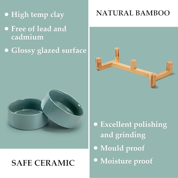 SPUNKYJUNKY Ceramic Dog and Cat Bowl Set with Wooden Stand (13.5OZ) & (28.7OZ) & (1.7 Cups, 2 ×
